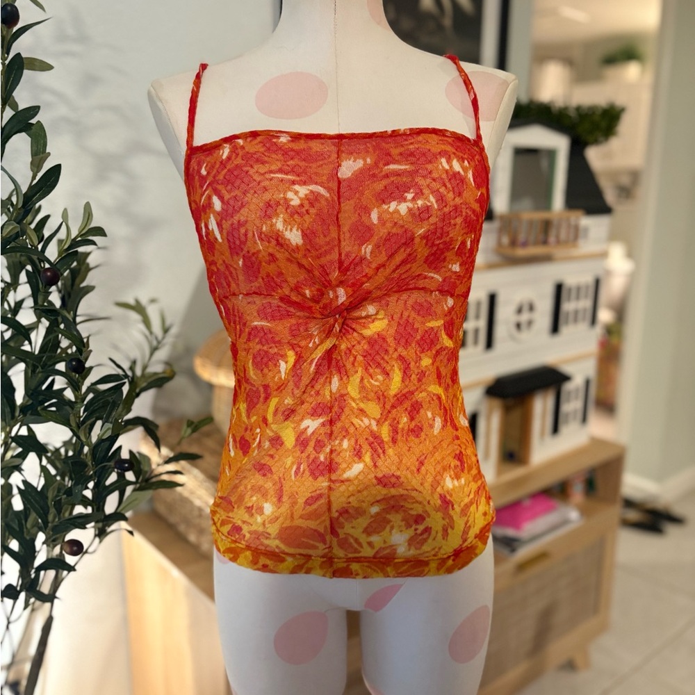 Vivienne Tam Vintage Fiery Red and Yellow Mesh Tank Top Size 1 (Small)
